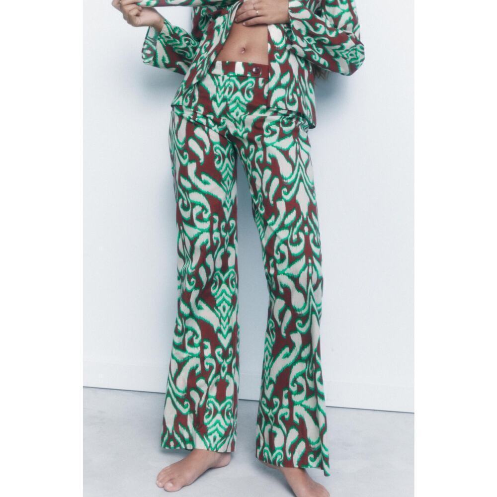 Zara Selena Cotton Printed Pants Brown Multi Size S NWT